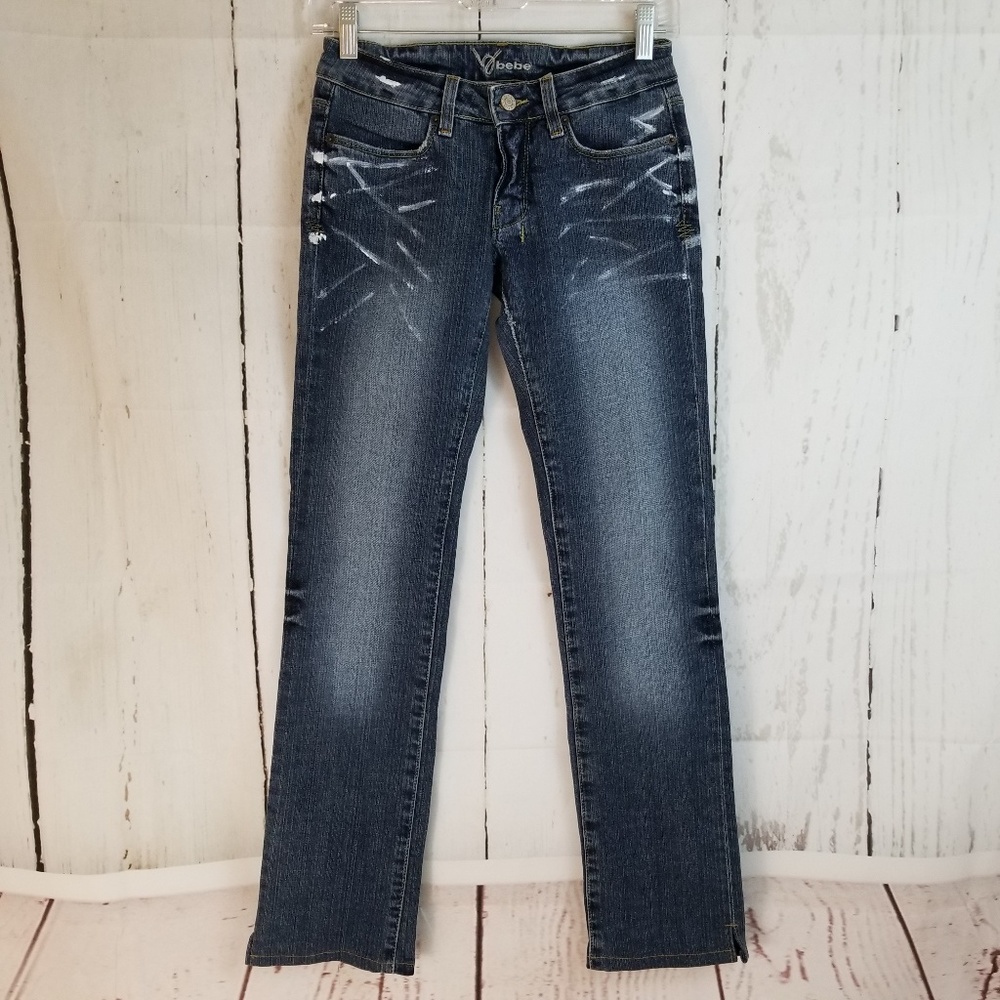 Bebe Straight Leg Denim Sz 25 Blue Paint Streak